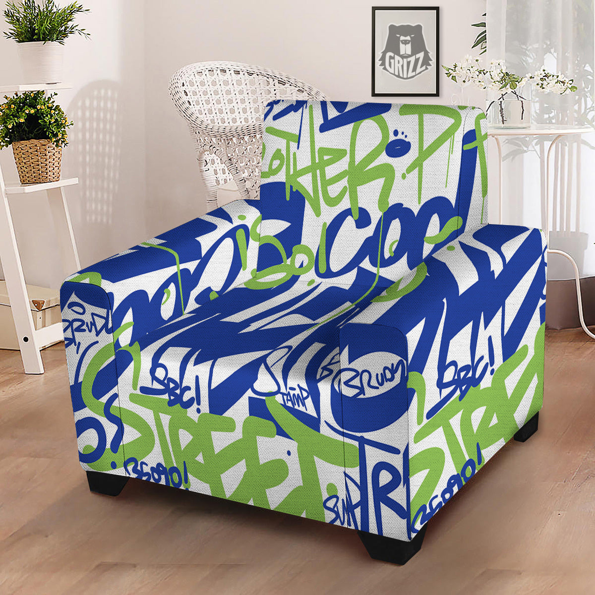 Green Blue Urban Graffiti Text Print Pattern Armchair Slipcover-grizzshop