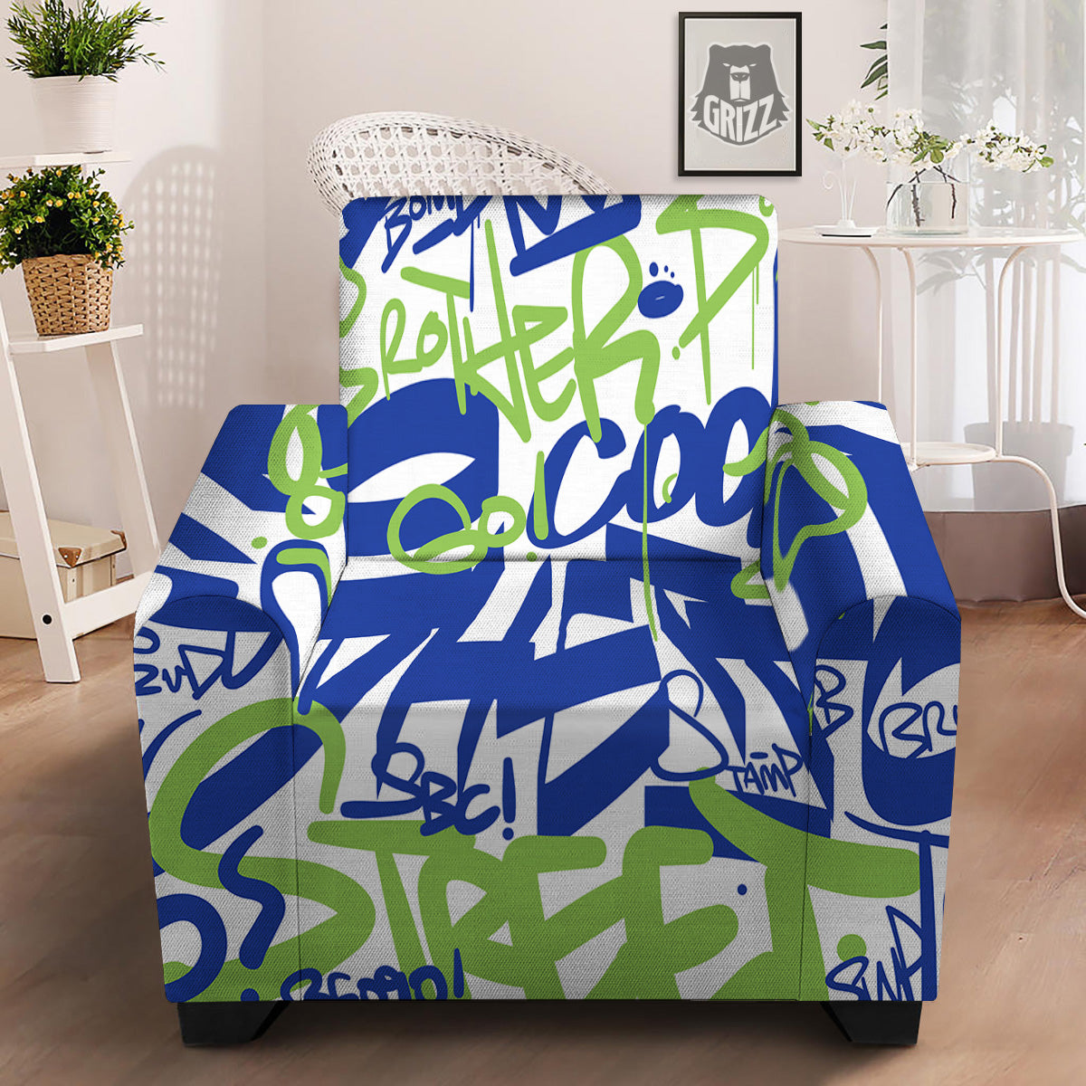 Green Blue Urban Graffiti Text Print Pattern Armchair Slipcover-grizzshop