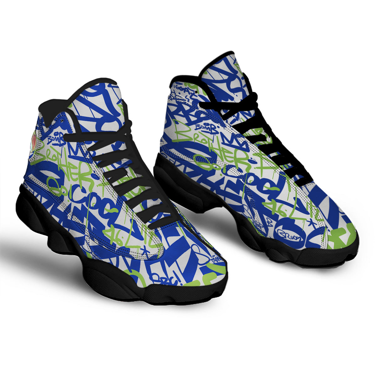 Green Blue Urban Graffiti Text Print Pattern Black Basketball Shoes-grizzshop