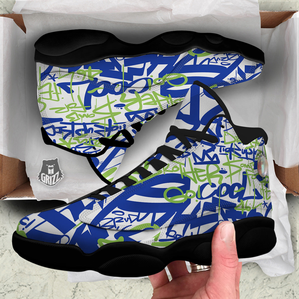 Green Blue Urban Graffiti Text Print Pattern Black Basketball Shoes-grizzshop