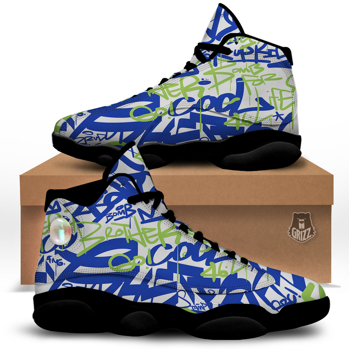 Green Blue Urban Graffiti Text Print Pattern Black Basketball Shoes-grizzshop