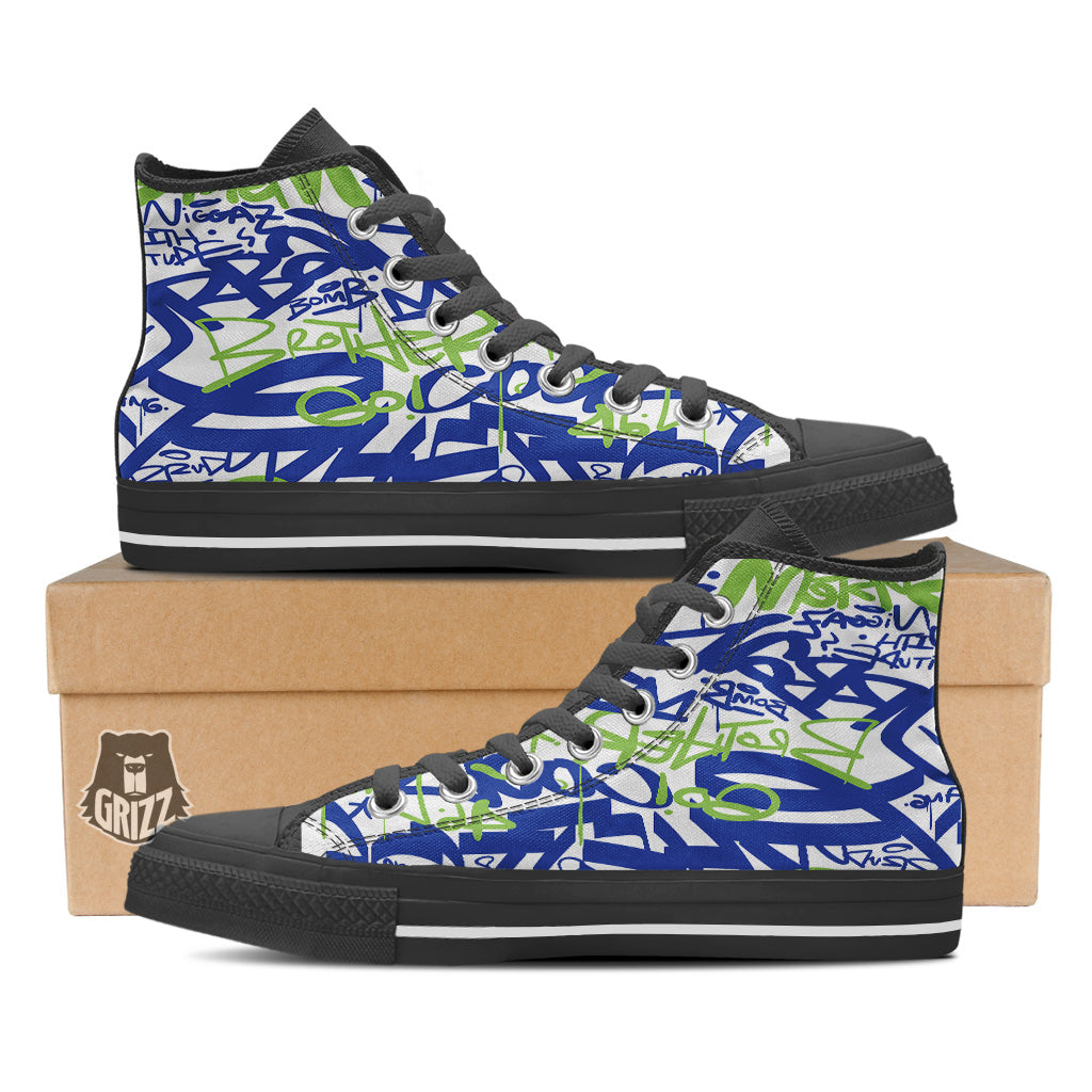 Green Blue Urban Graffiti Text Print Pattern Black High Top Shoes-grizzshop