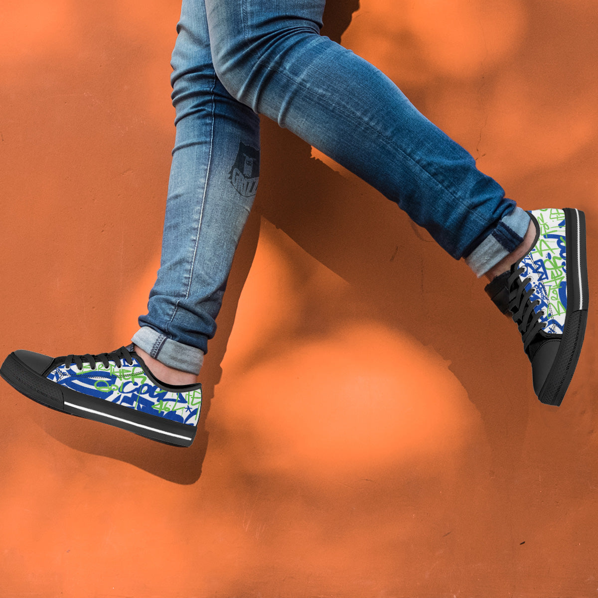 Green Blue Urban Graffiti Text Print Pattern Black Low Top Shoes-grizzshop