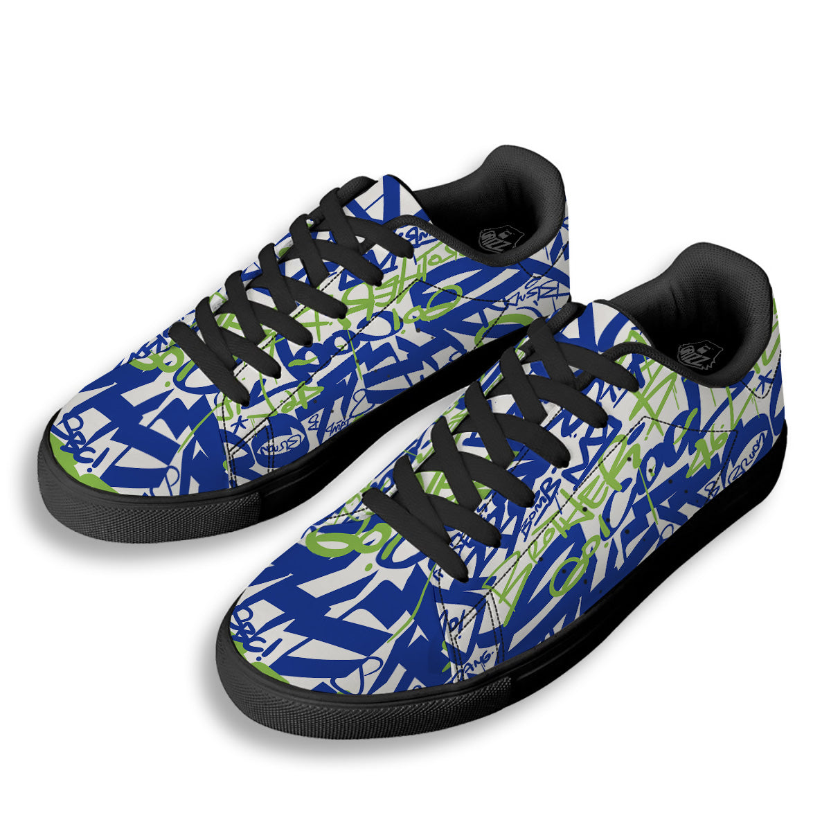 Green Blue Urban Graffiti Text Print Pattern Black Low Top Sneakers-grizzshop