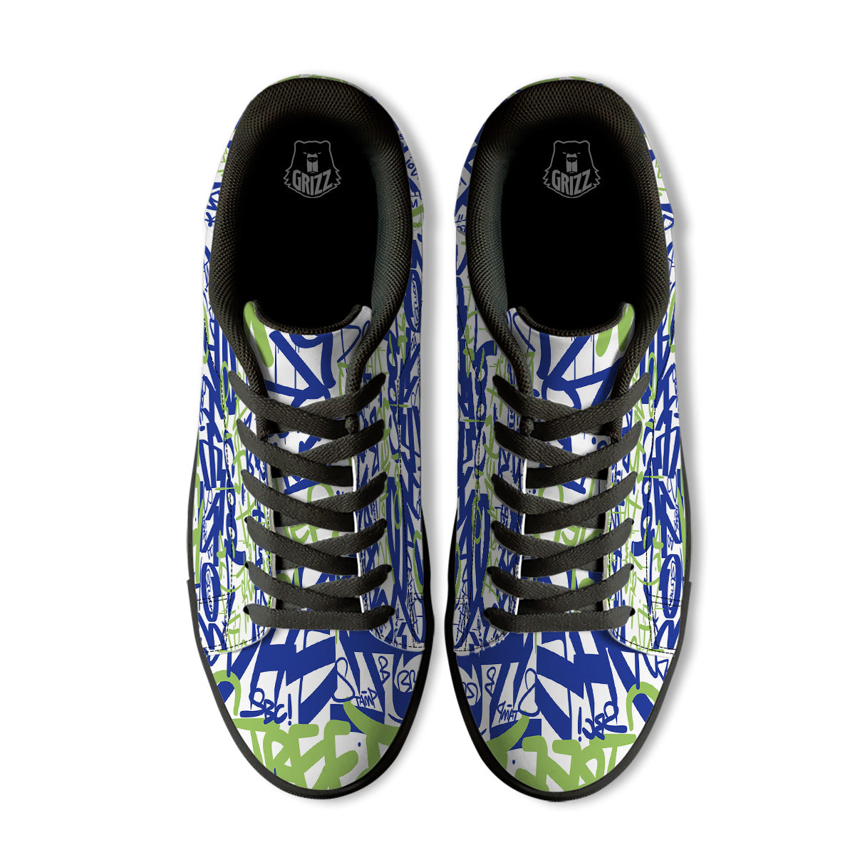 Green Blue Urban Graffiti Text Print Pattern Black Low Top Sneakers-grizzshop