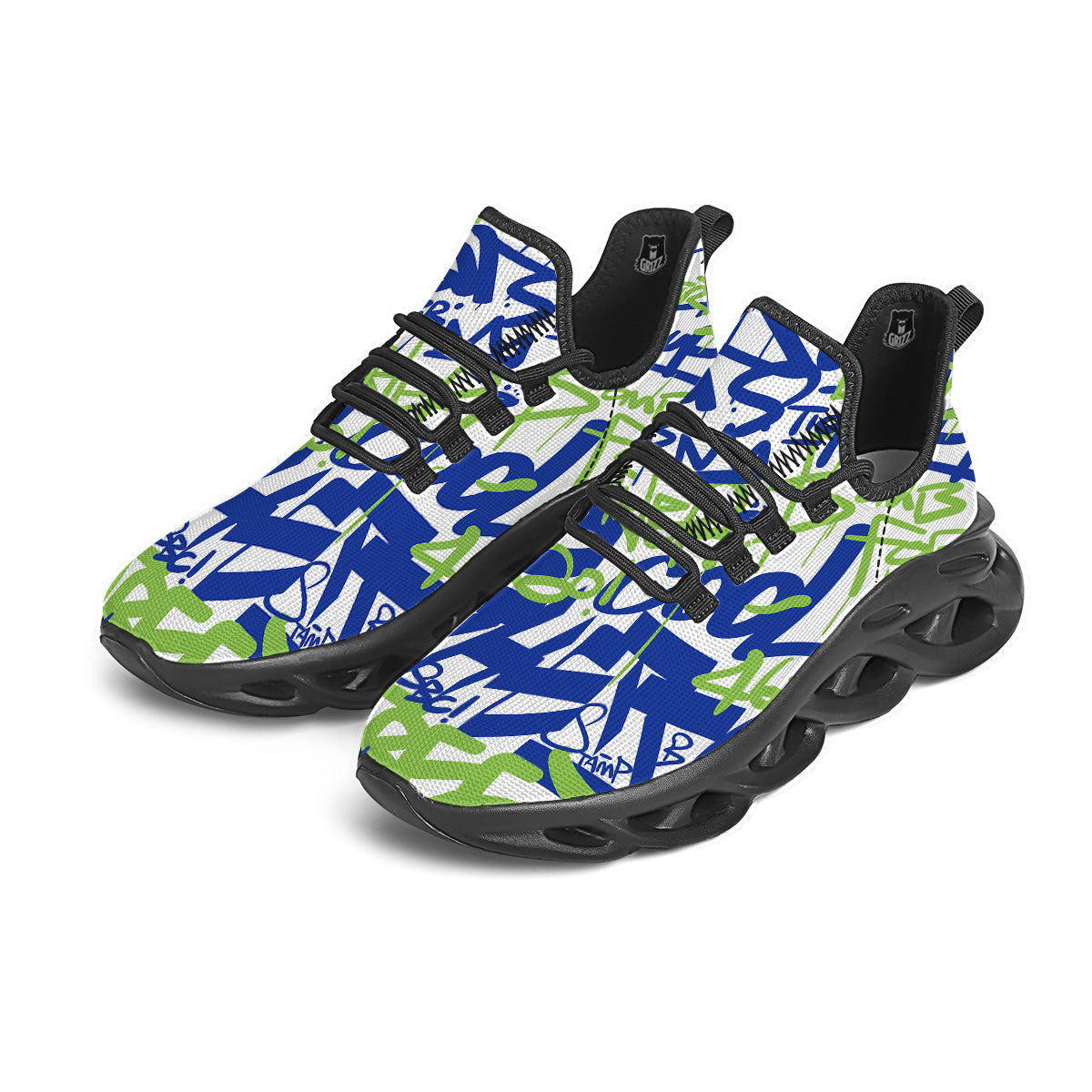 Green Blue Urban Graffiti Text Print Pattern Black Running Shoes-grizzshop