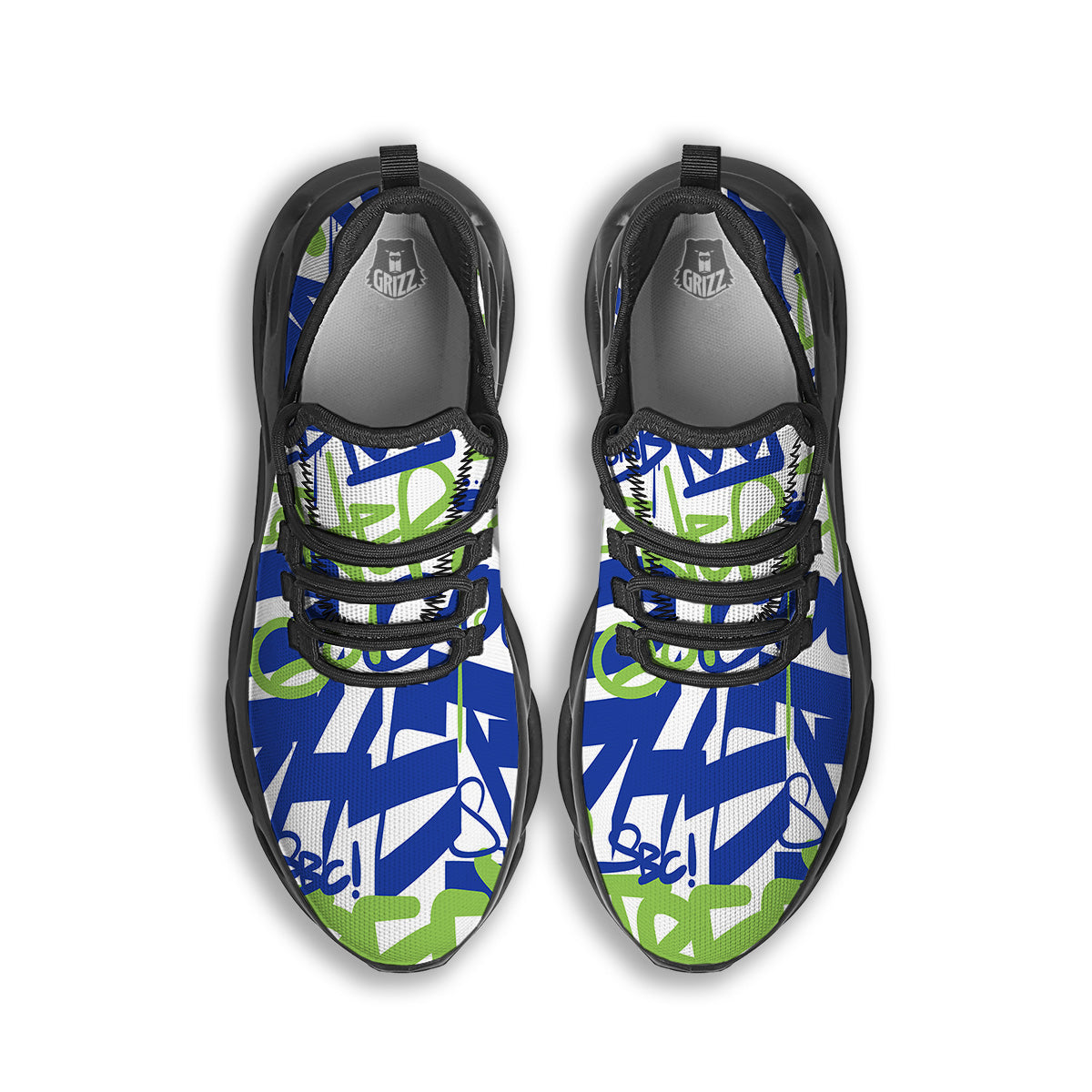 Green Blue Urban Graffiti Text Print Pattern Black Running Shoes-grizzshop