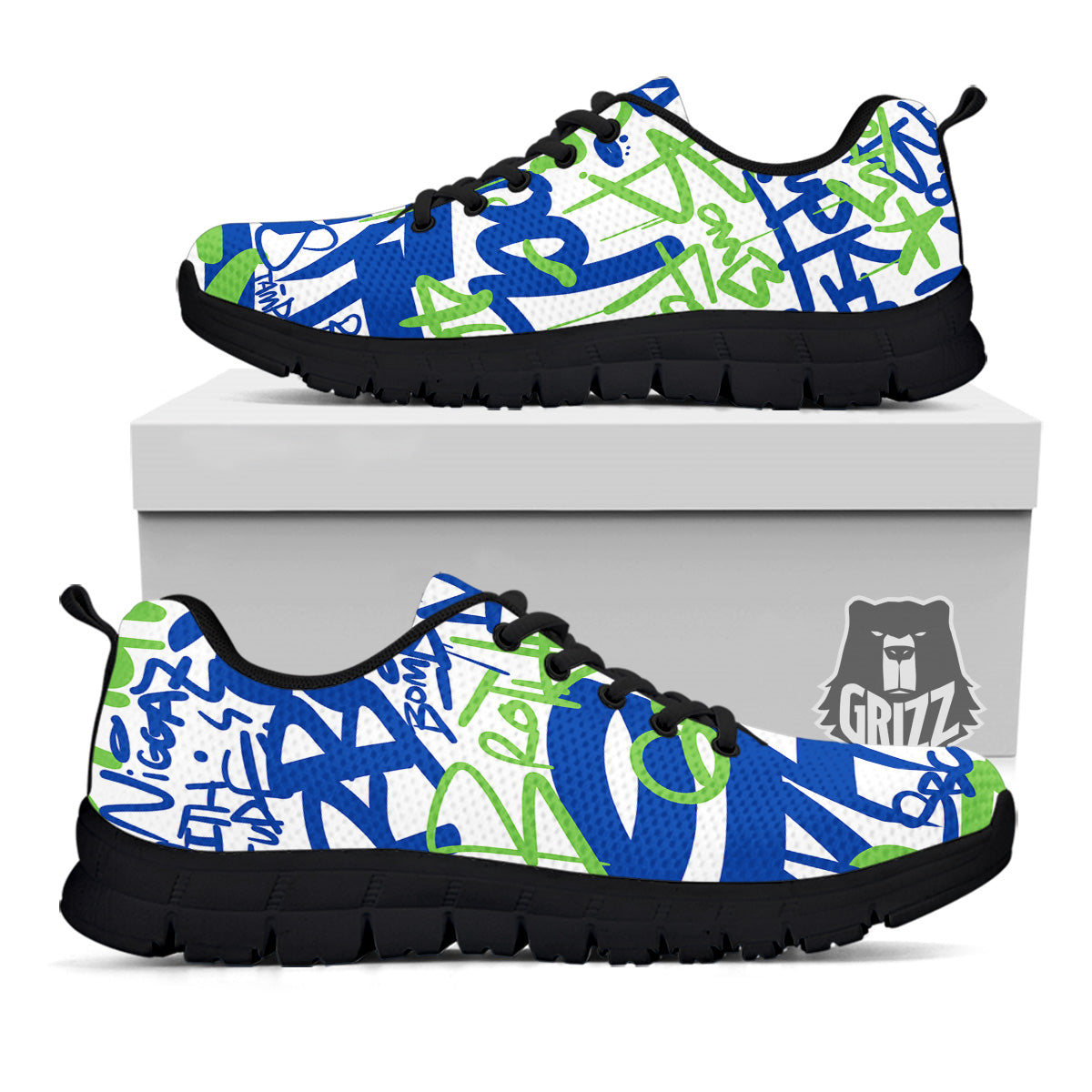 Green Blue Urban Graffiti Text Print Pattern Black Sneaker-grizzshop