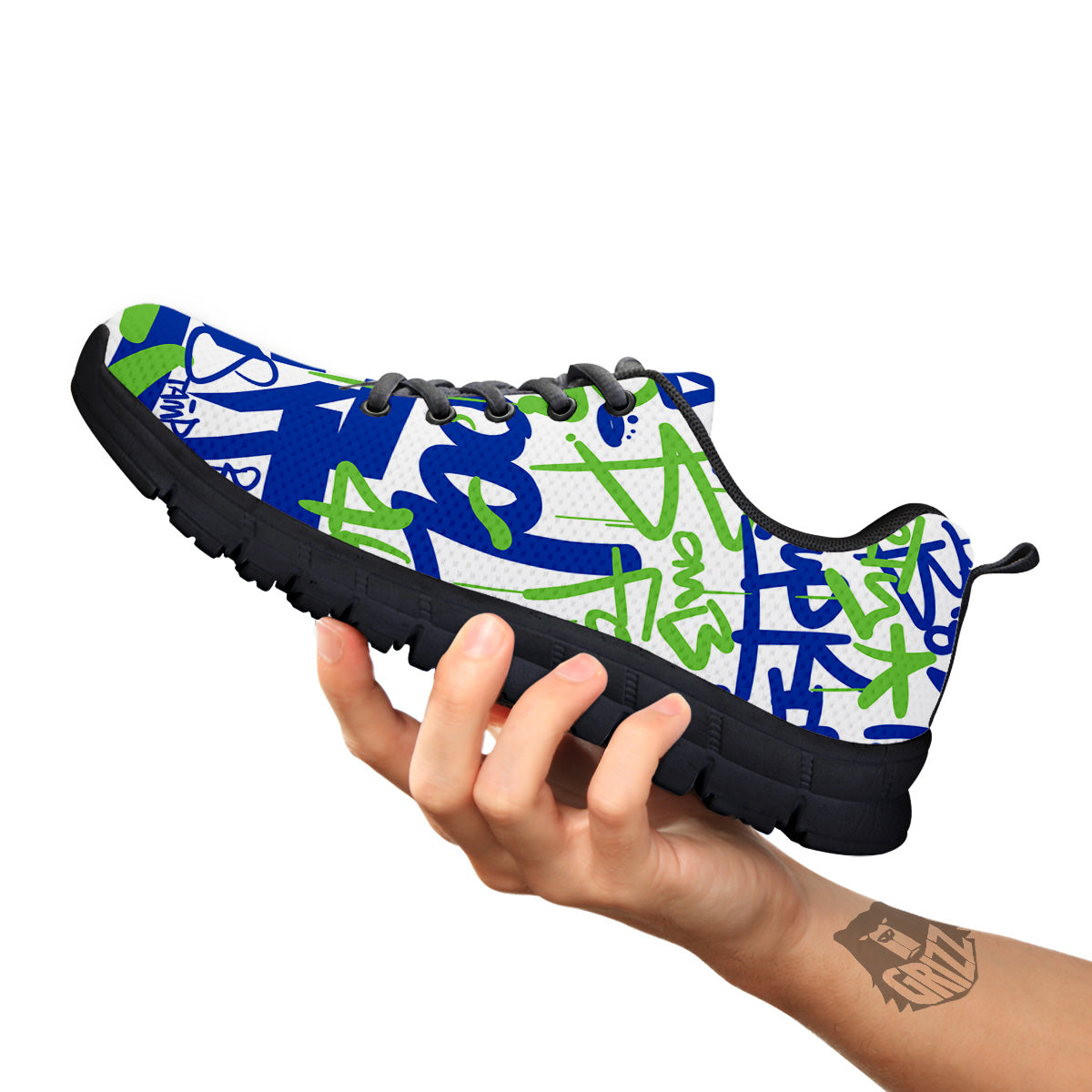 Green Blue Urban Graffiti Text Print Pattern Black Sneaker-grizzshop