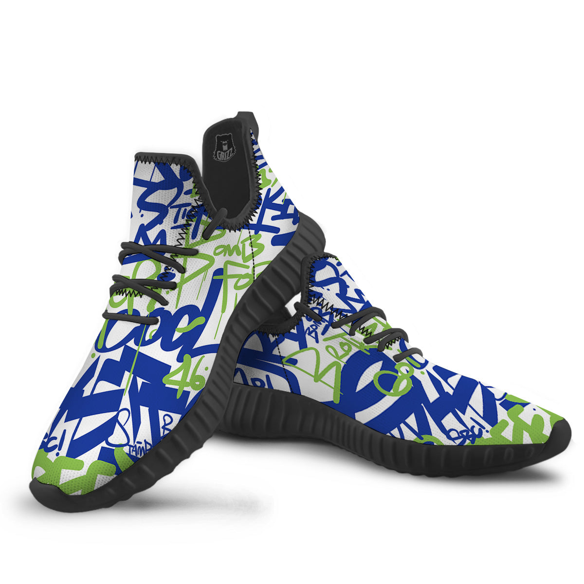 Green Blue Urban Graffiti Text Print Pattern Black Walking Shoes-grizzshop