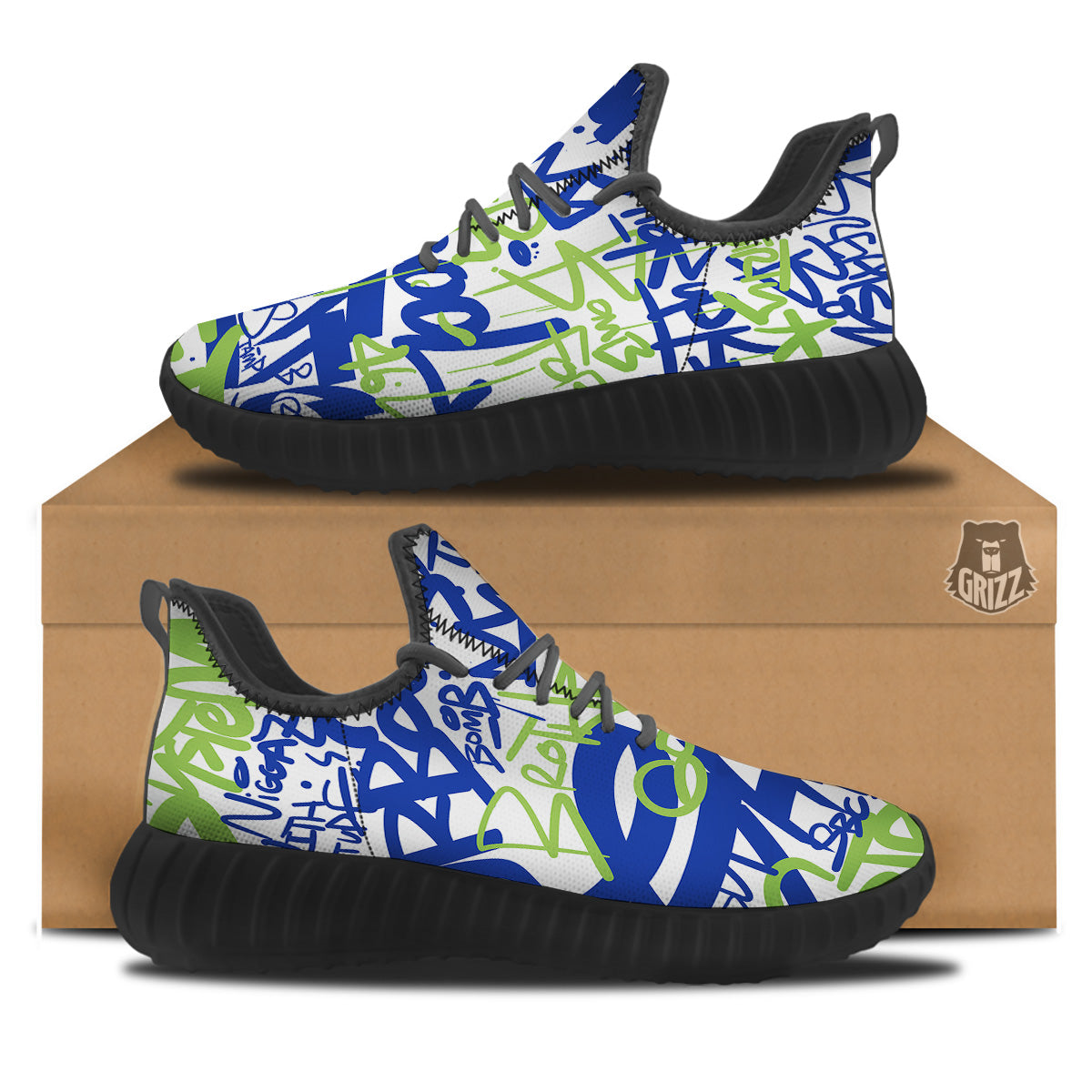 Green Blue Urban Graffiti Text Print Pattern Black Walking Shoes-grizzshop