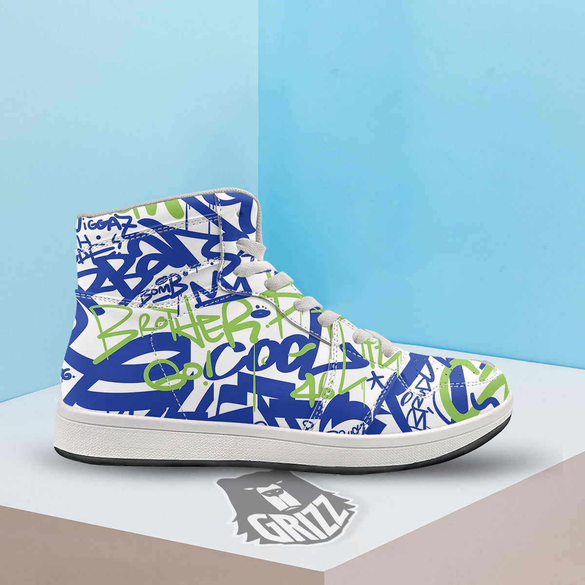 Green Blue Urban Graffiti Text Print Pattern High Top Sneakers-grizzshop