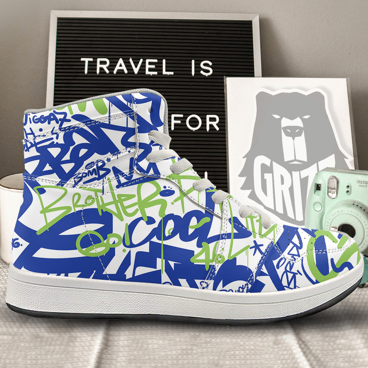 Green Blue Urban Graffiti Text Print Pattern High Top Sneakers-grizzshop