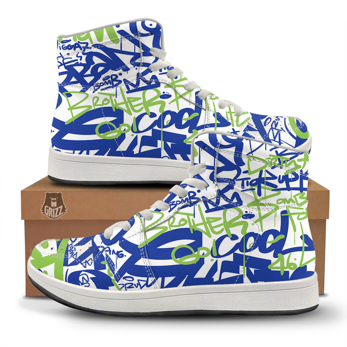 Green Blue Urban Graffiti Text Print Pattern High Top Sneakers-grizzshop