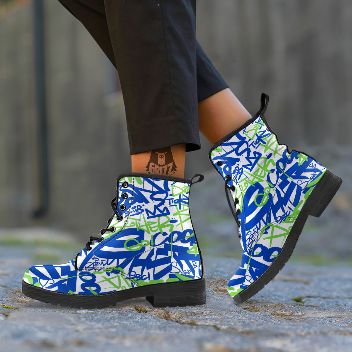 Green Blue Urban Graffiti Text Print Pattern Leather Boots-grizzshop