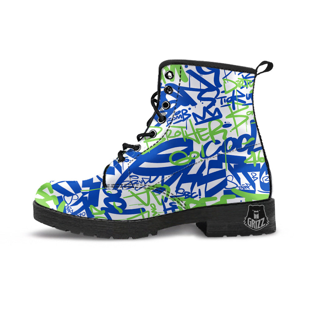 Green Blue Urban Graffiti Text Print Pattern Leather Boots-grizzshop