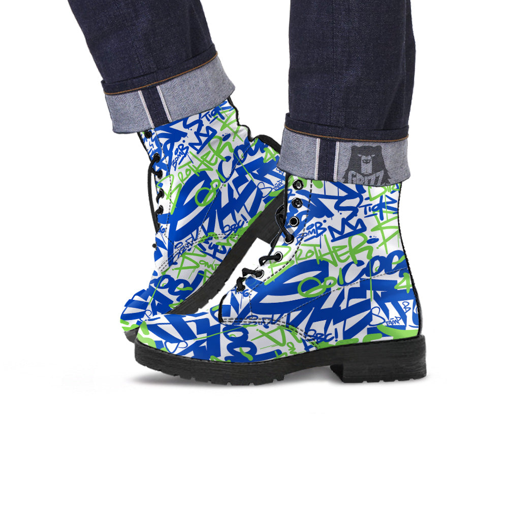 Green Blue Urban Graffiti Text Print Pattern Leather Boots-grizzshop