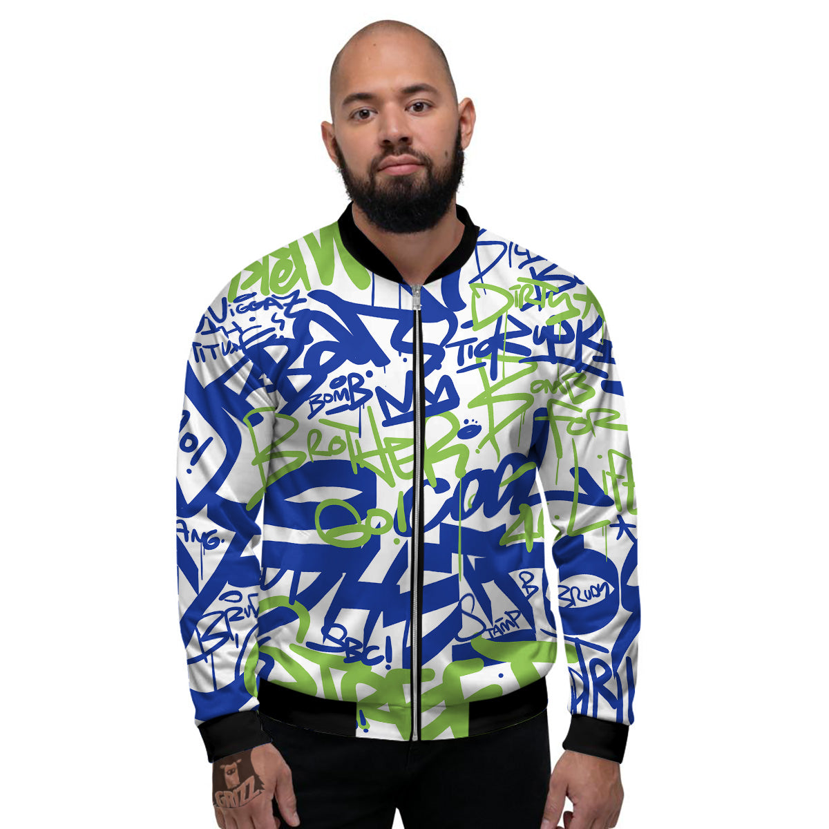 Green Blue Urban Graffiti Text Print Pattern Men's Bomber Jacket-grizzshop