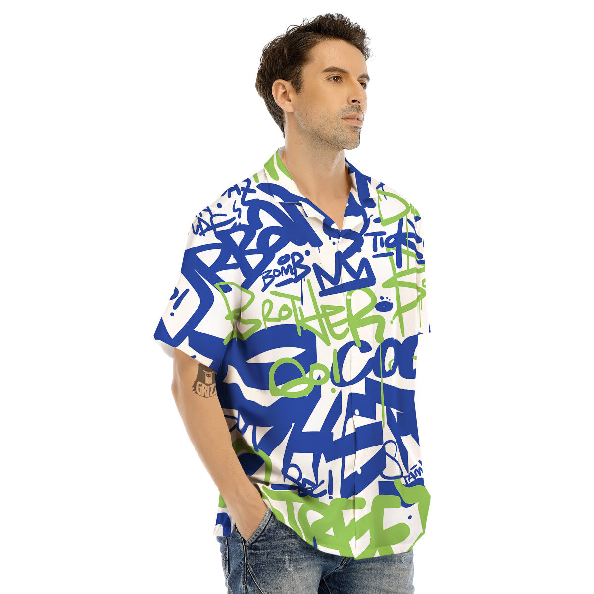Green Blue Urban Graffiti Text Print Pattern Men's Hawaiian Shirt-grizzshop