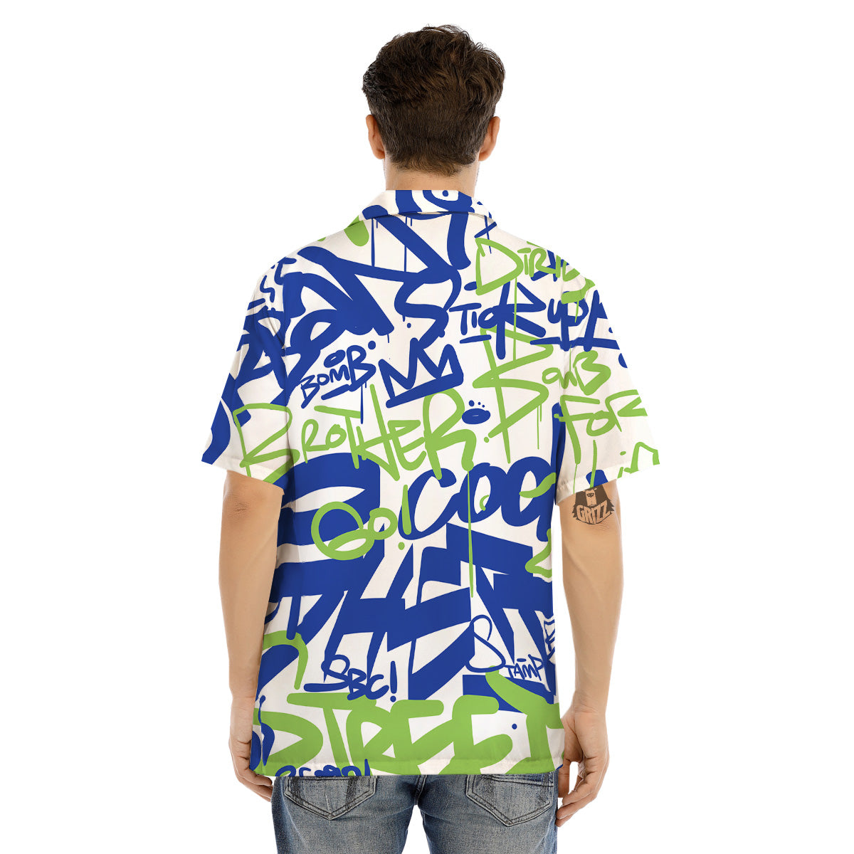 Green Blue Urban Graffiti Text Print Pattern Men's Hawaiian Shirt-grizzshop