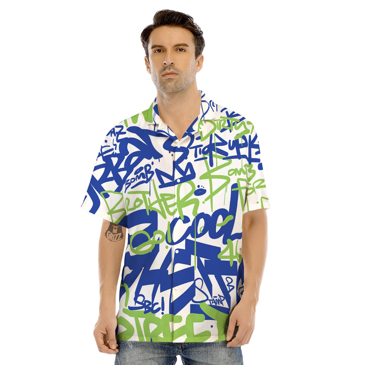 Green Blue Urban Graffiti Text Print Pattern Men's Hawaiian Shirt-grizzshop