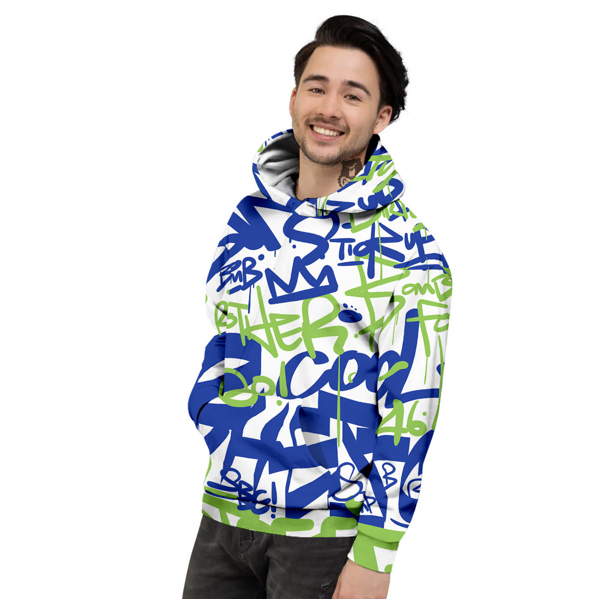 Green Blue Urban Graffiti Text Print Pattern Men's Hoodie-grizzshop