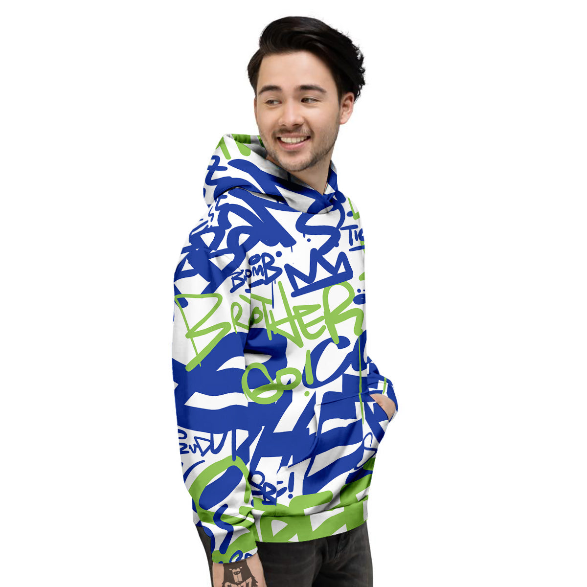 Green Blue Urban Graffiti Text Print Pattern Men's Hoodie-grizzshop