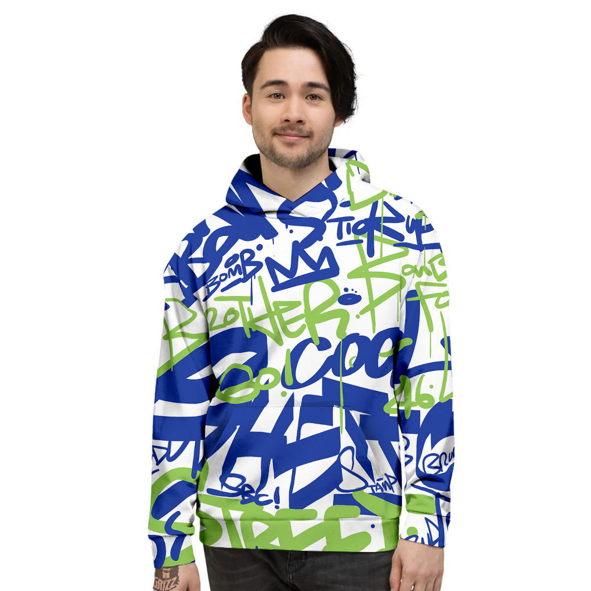 Green Blue Urban Graffiti Text Print Pattern Men's Hoodie-grizzshop