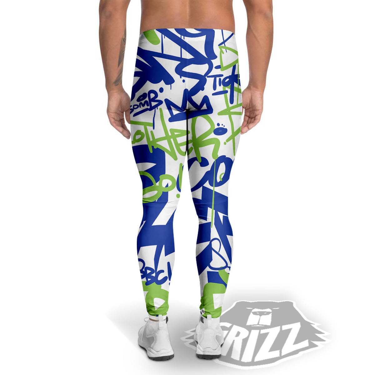 Green Blue Urban Graffiti Text Print Pattern Men's Leggings-grizzshop