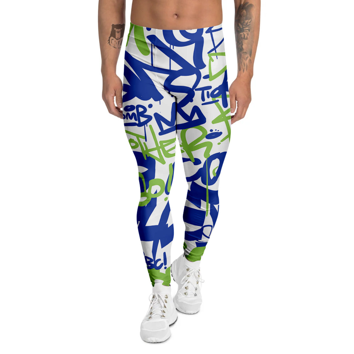 Green Blue Urban Graffiti Text Print Pattern Men's Leggings-grizzshop