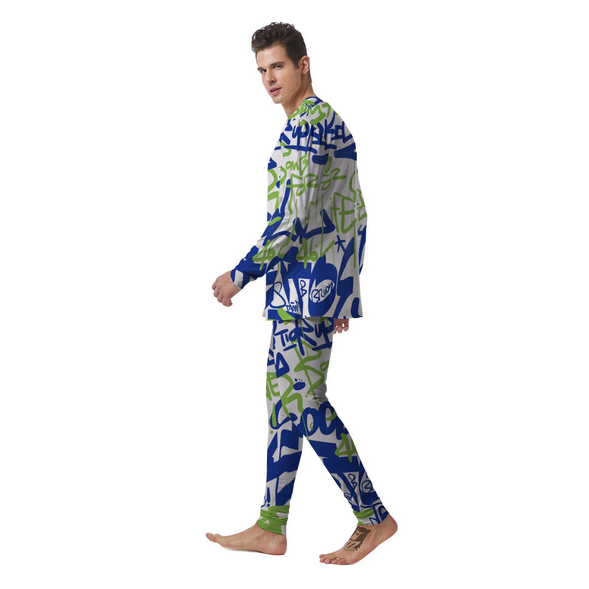 Green Blue Urban Graffiti Text Print Pattern Men's Pajamas-grizzshop