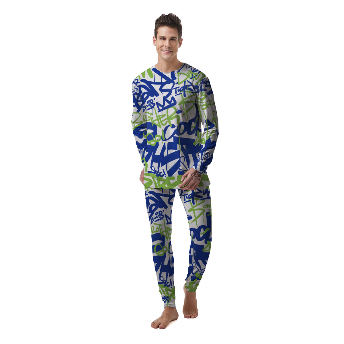 Green Blue Urban Graffiti Text Print Pattern Men's Pajamas-grizzshop