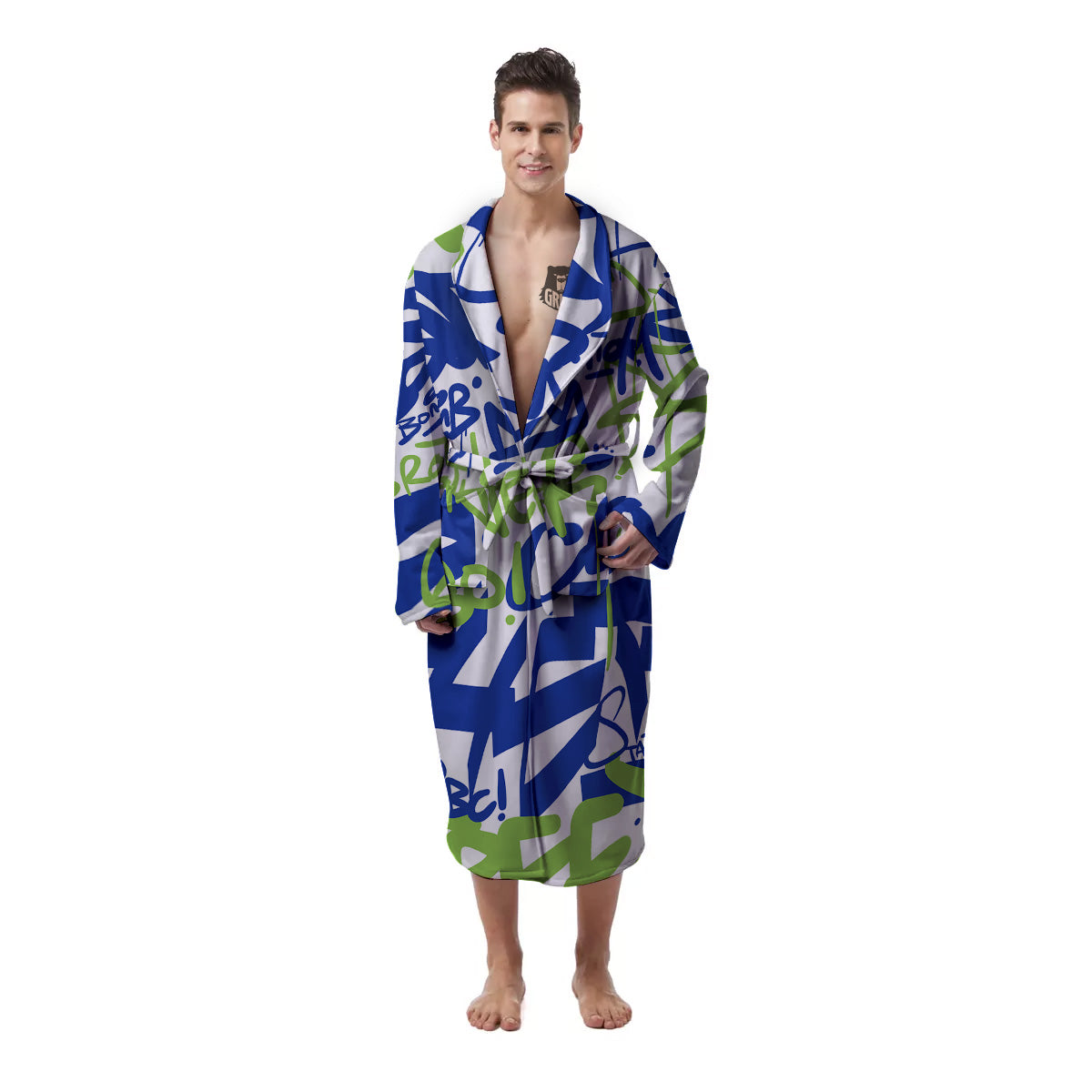 Green Blue Urban Graffiti Text Print Pattern Men's Robe-grizzshop