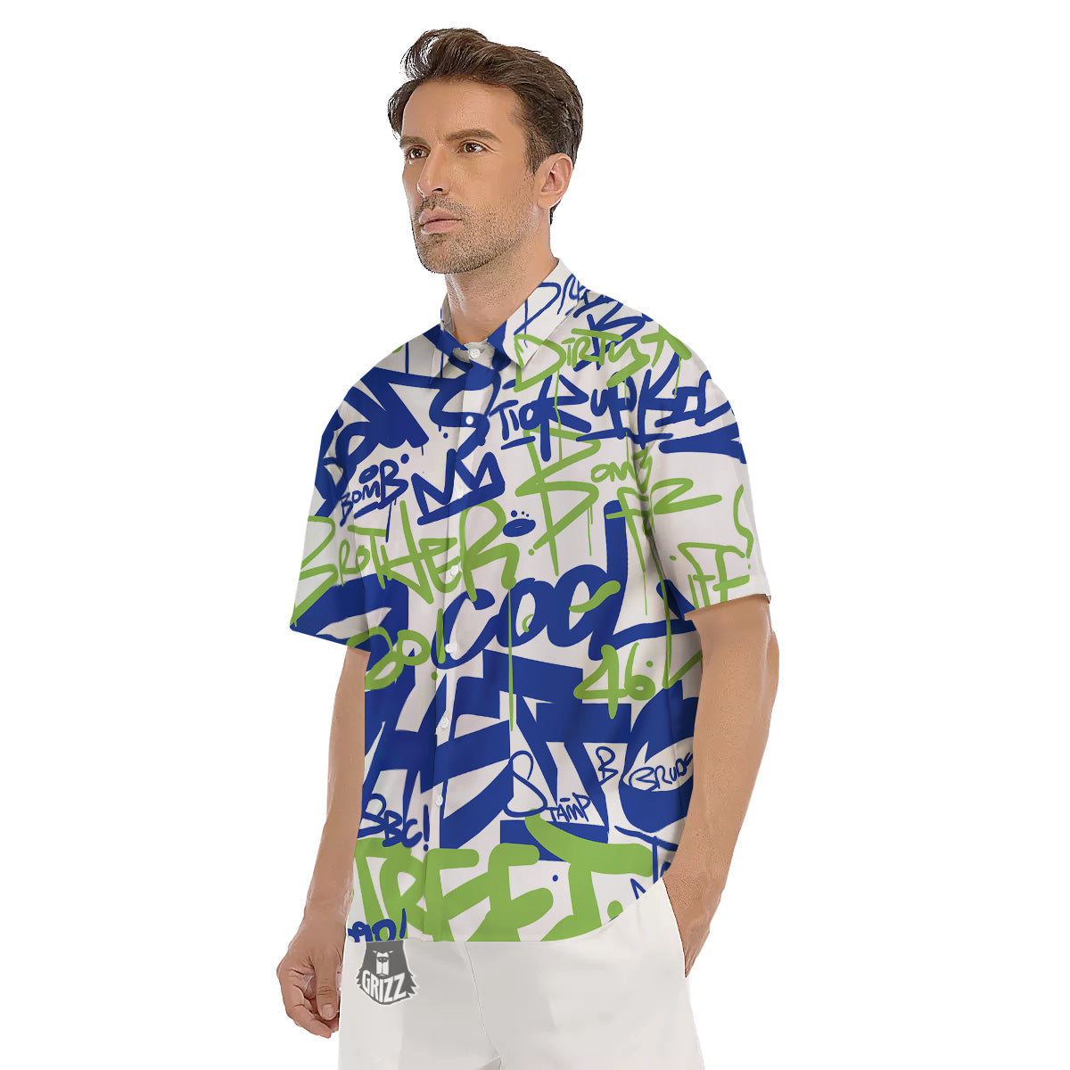 Green Blue Urban Graffiti Text Print Pattern Men's Short Sleeve Shirts-grizzshop