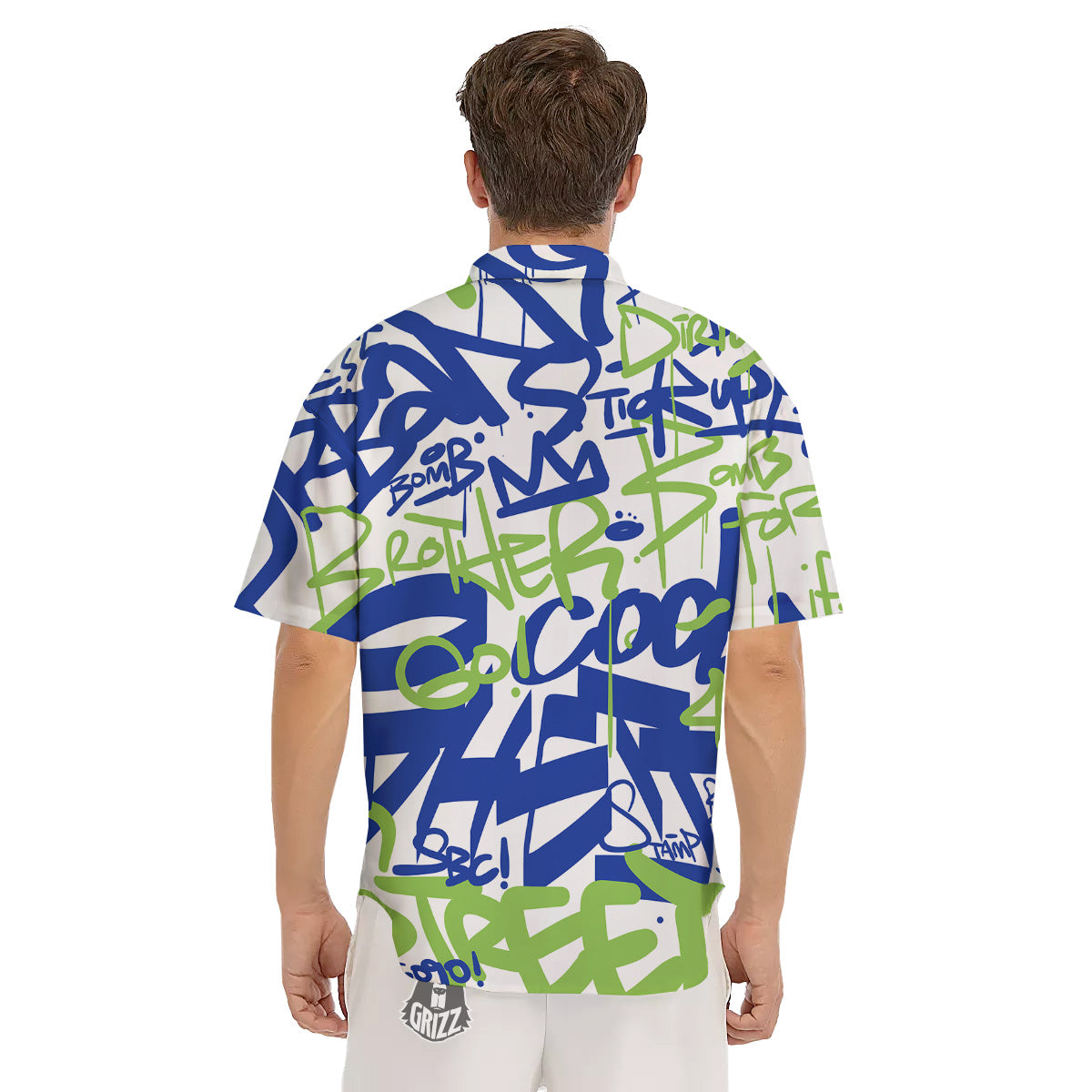 Green Blue Urban Graffiti Text Print Pattern Men's Short Sleeve Shirts-grizzshop