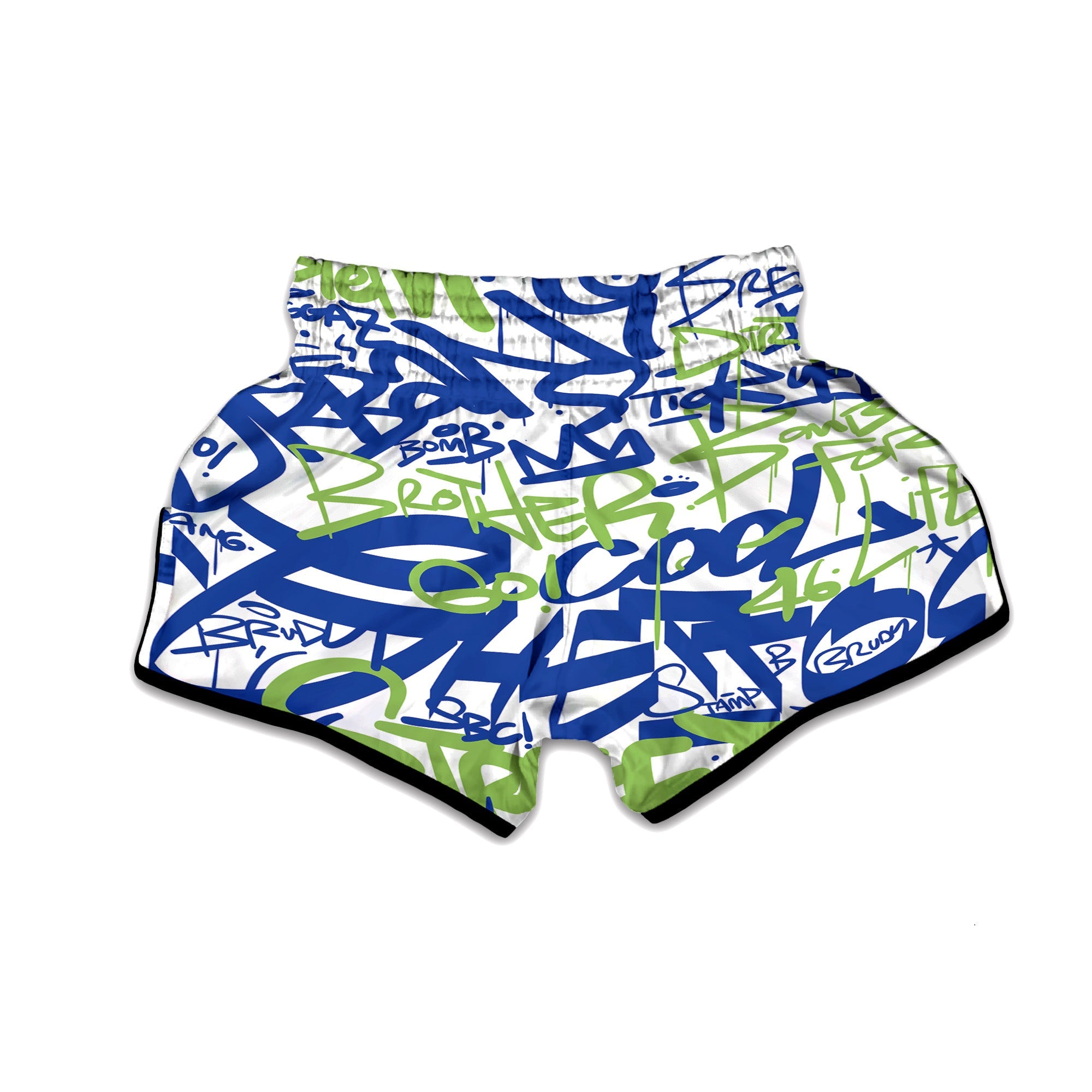 Green Blue Urban Graffiti Text Print Pattern Muay Thai Boxing Shorts-grizzshop