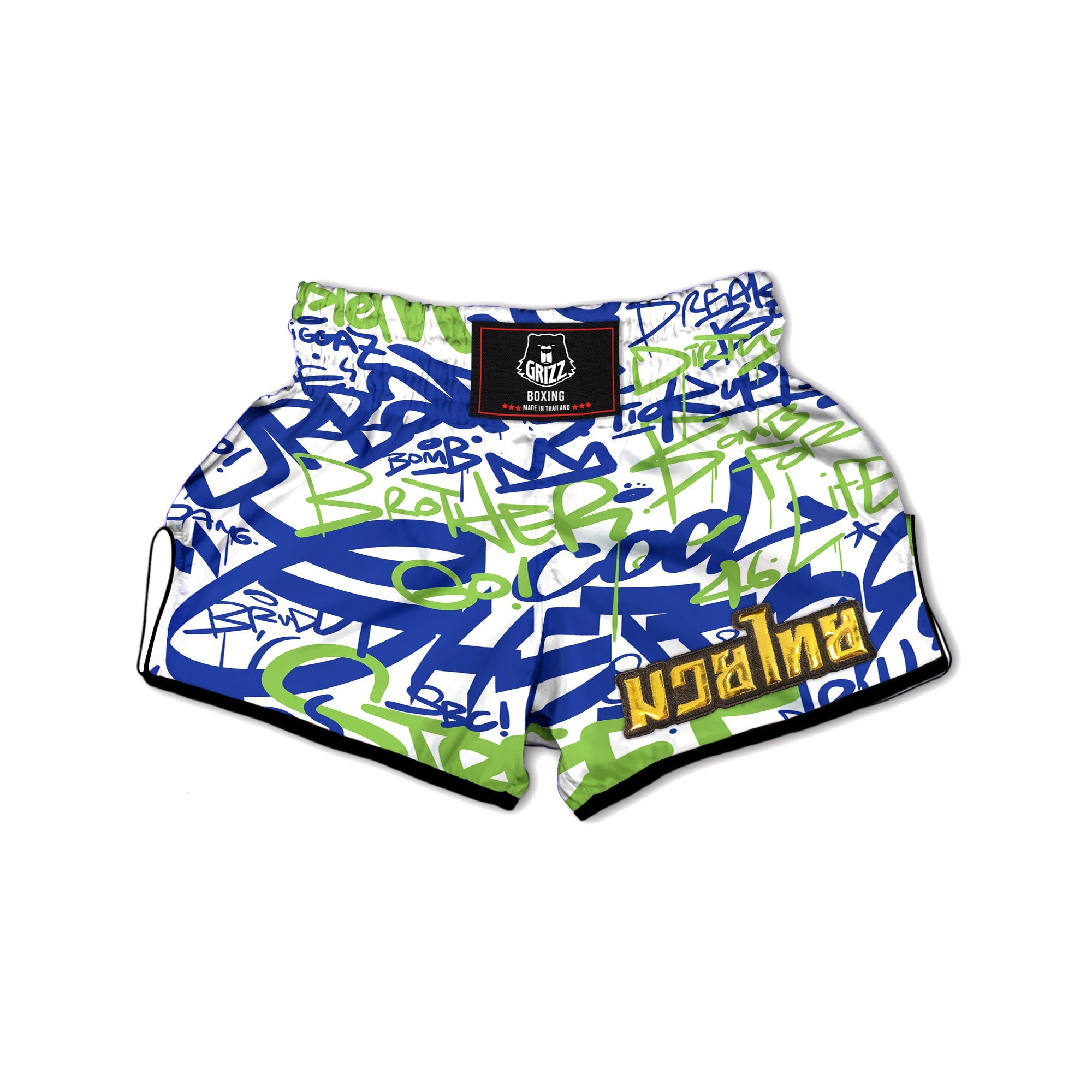 Green Blue Urban Graffiti Text Print Pattern Muay Thai Boxing Shorts-grizzshop
