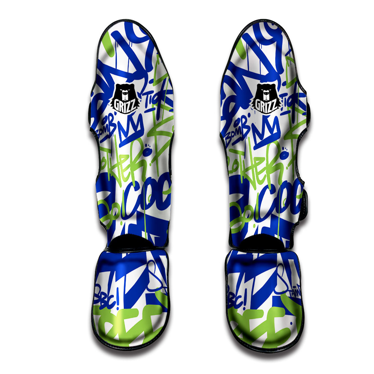 Green Blue Urban Graffiti Text Print Pattern Muay Thai Shin Guards-grizzshop