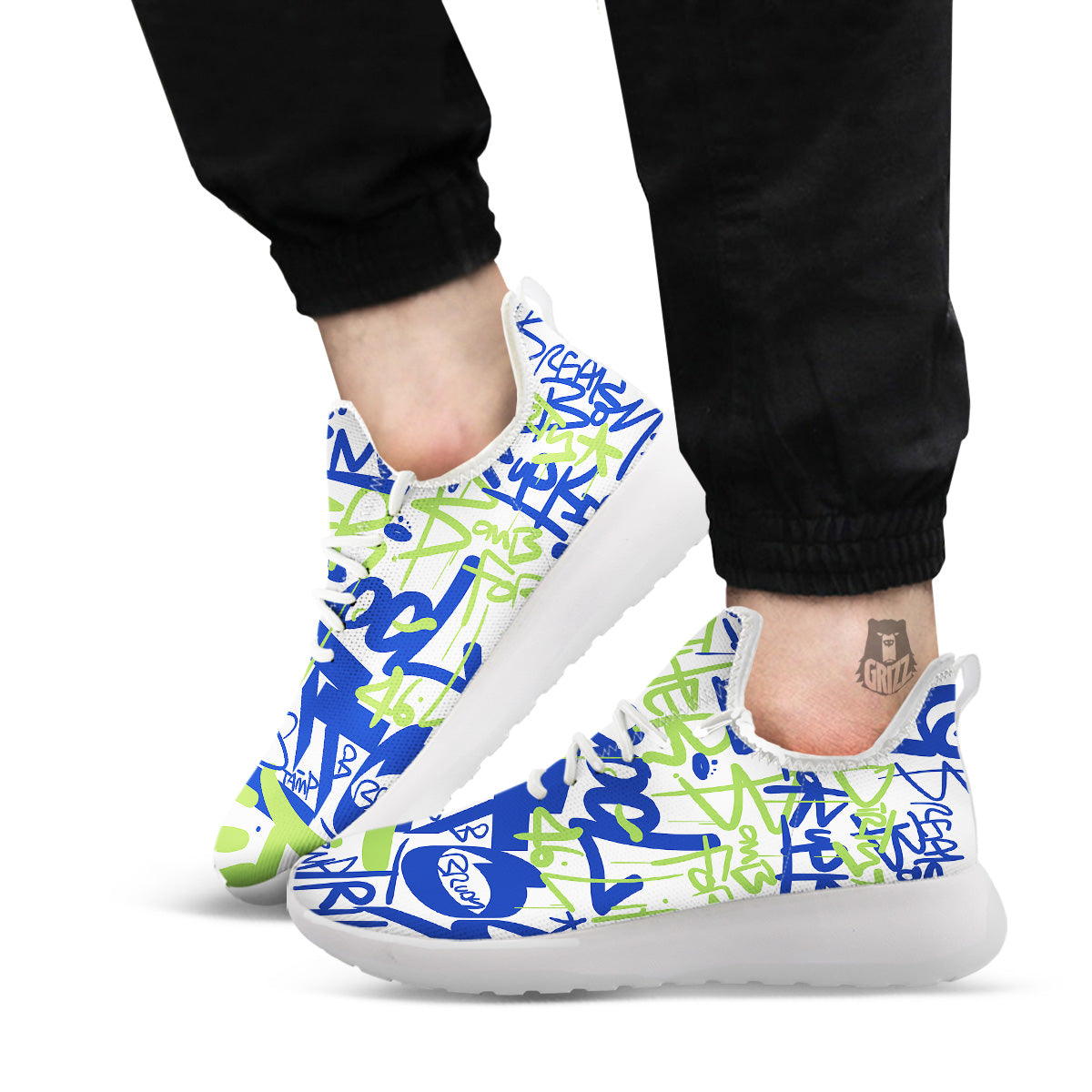 Green Blue Urban Graffiti Text Print Pattern White Athletic Shoes-grizzshop