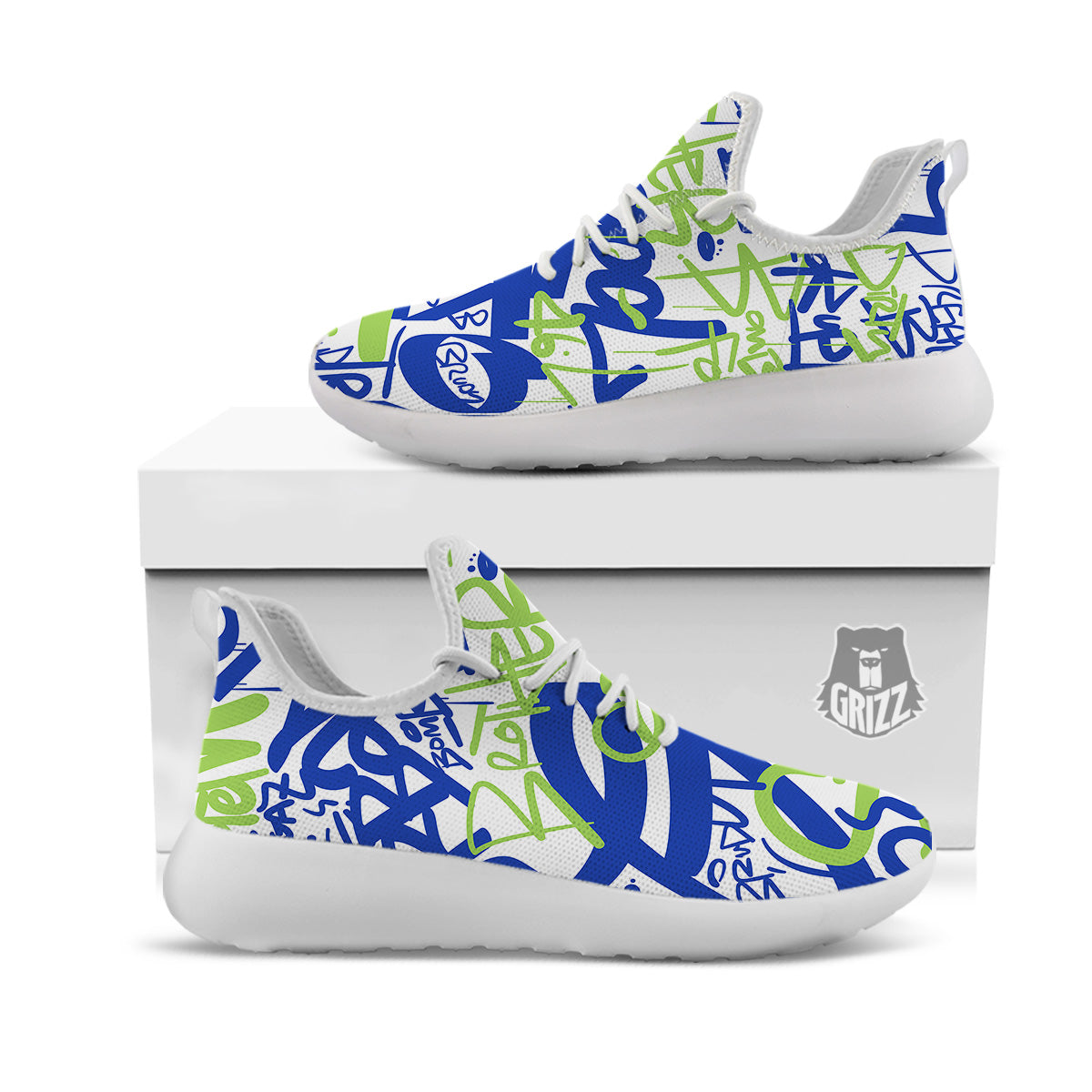 Green Blue Urban Graffiti Text Print Pattern White Athletic Shoes-grizzshop