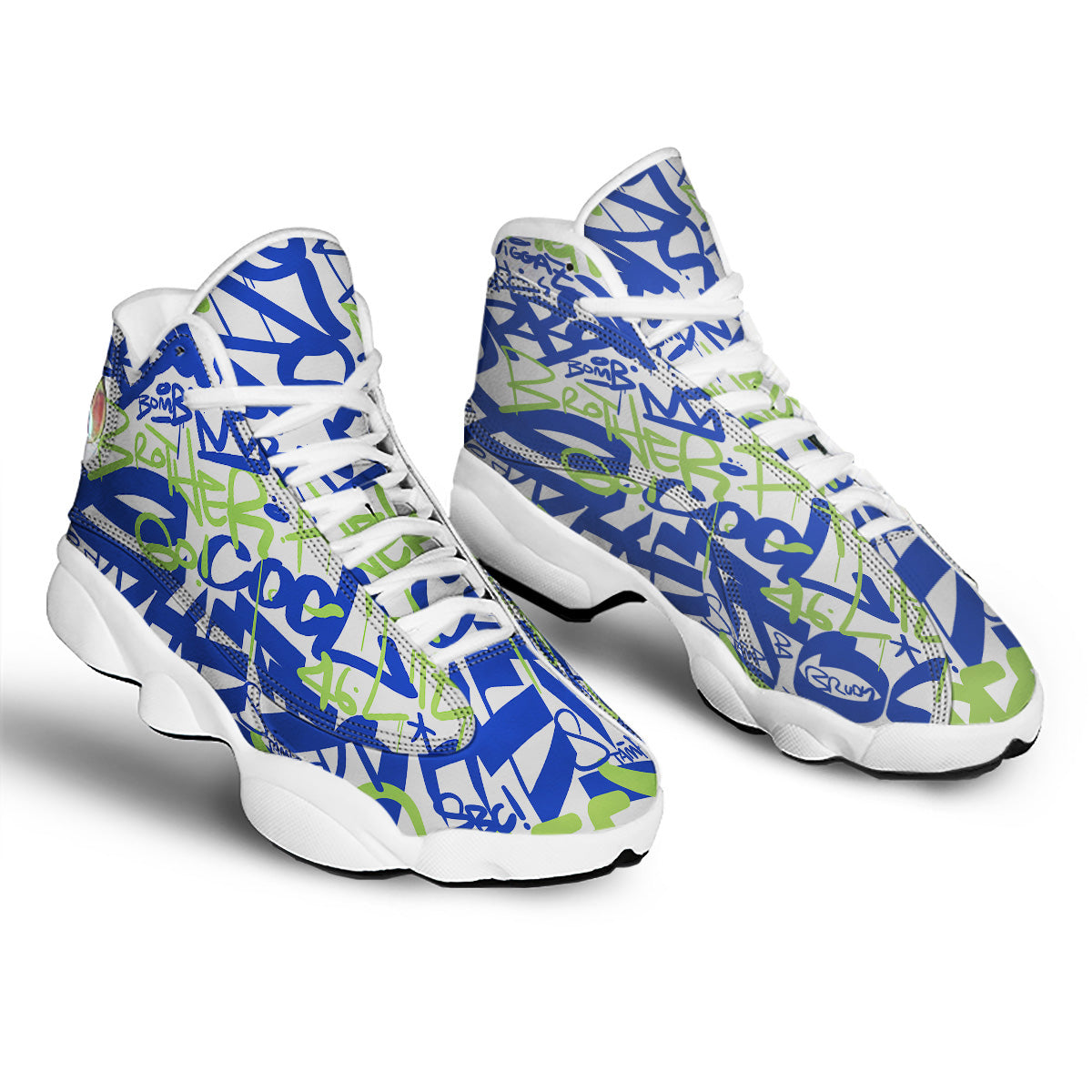 Green Blue Urban Graffiti Text Print Pattern White Basketball Shoes-grizzshop