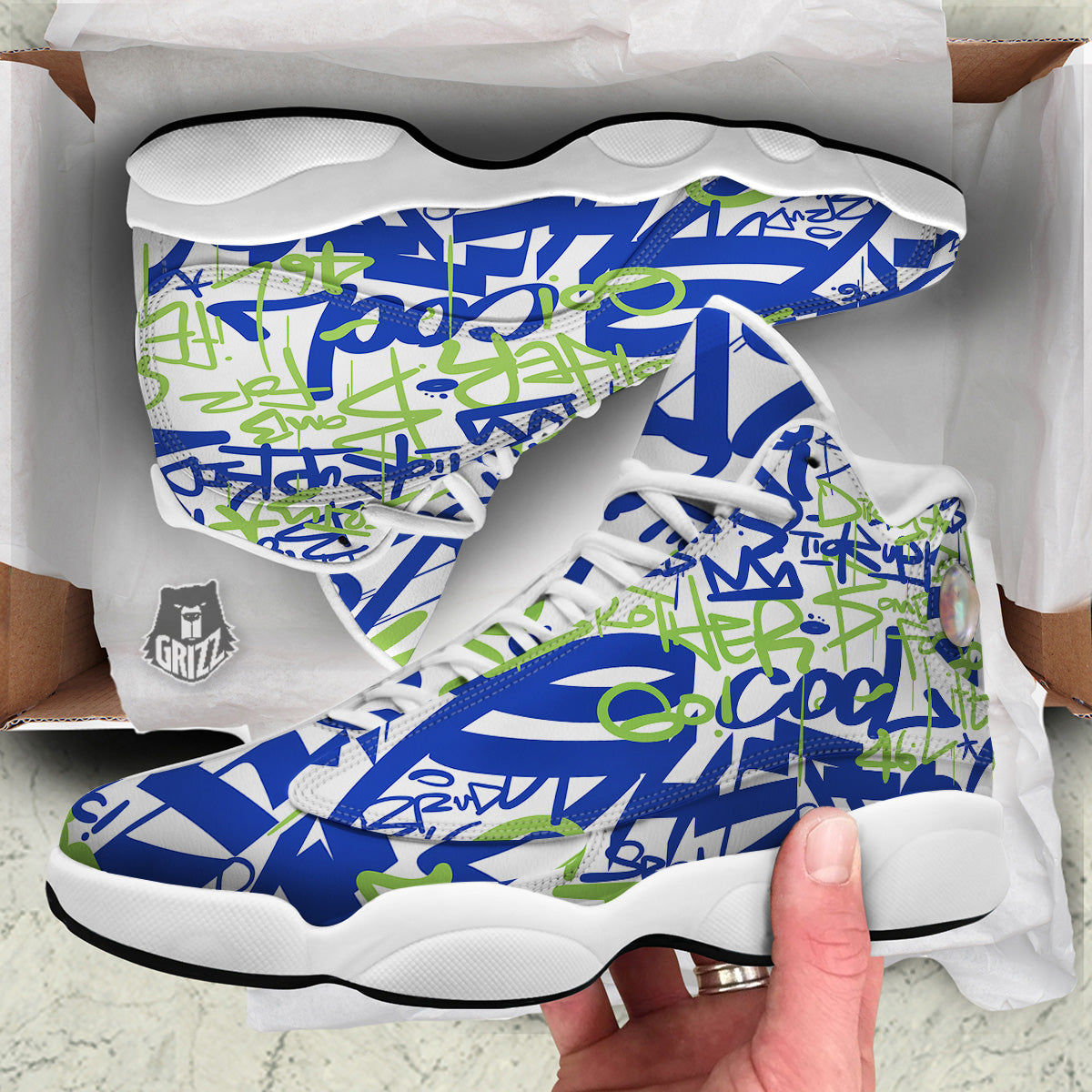 Green Blue Urban Graffiti Text Print Pattern White Basketball Shoes-grizzshop