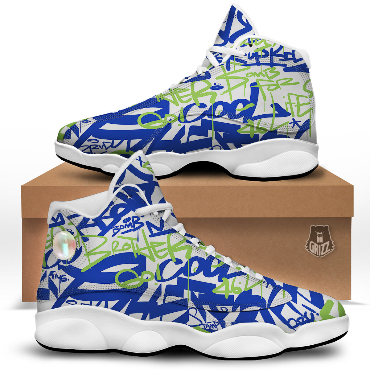 Green Blue Urban Graffiti Text Print Pattern White Basketball Shoes-grizzshop