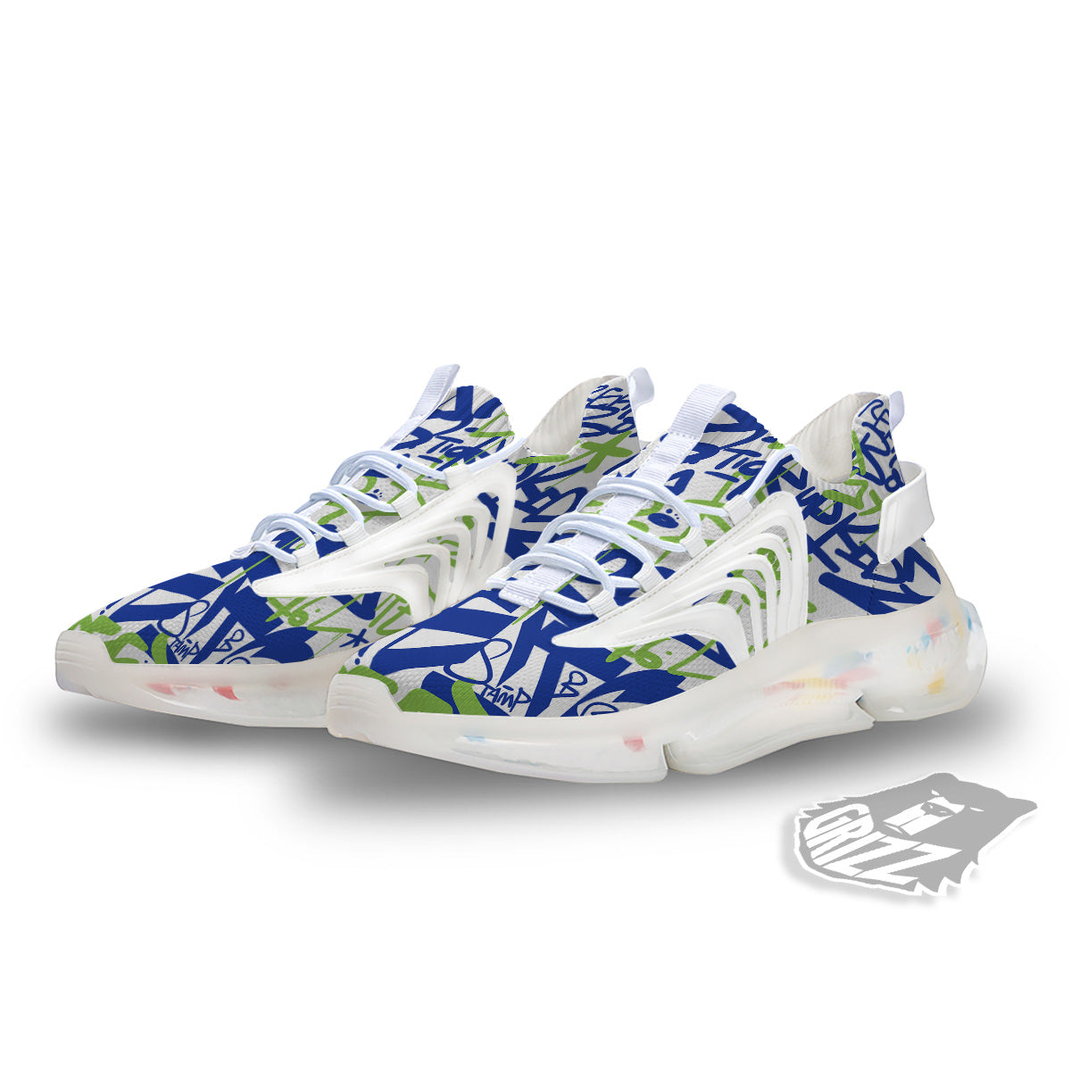 Green Blue Urban Graffiti Text Print Pattern White Gym Shoes-grizzshop