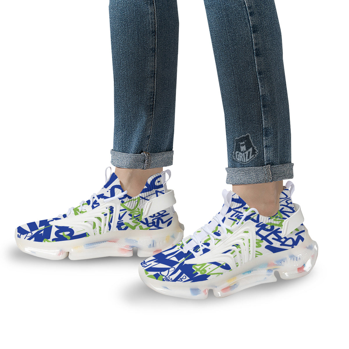 Green Blue Urban Graffiti Text Print Pattern White Gym Shoes-grizzshop