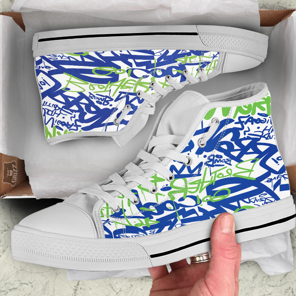 Green Blue Urban Graffiti Text Print Pattern White High Top Shoes-grizzshop