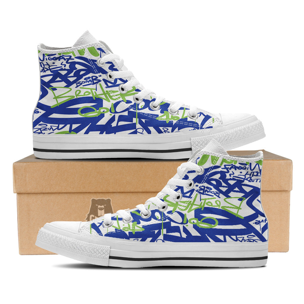 Green Blue Urban Graffiti Text Print Pattern White High Top Shoes-grizzshop