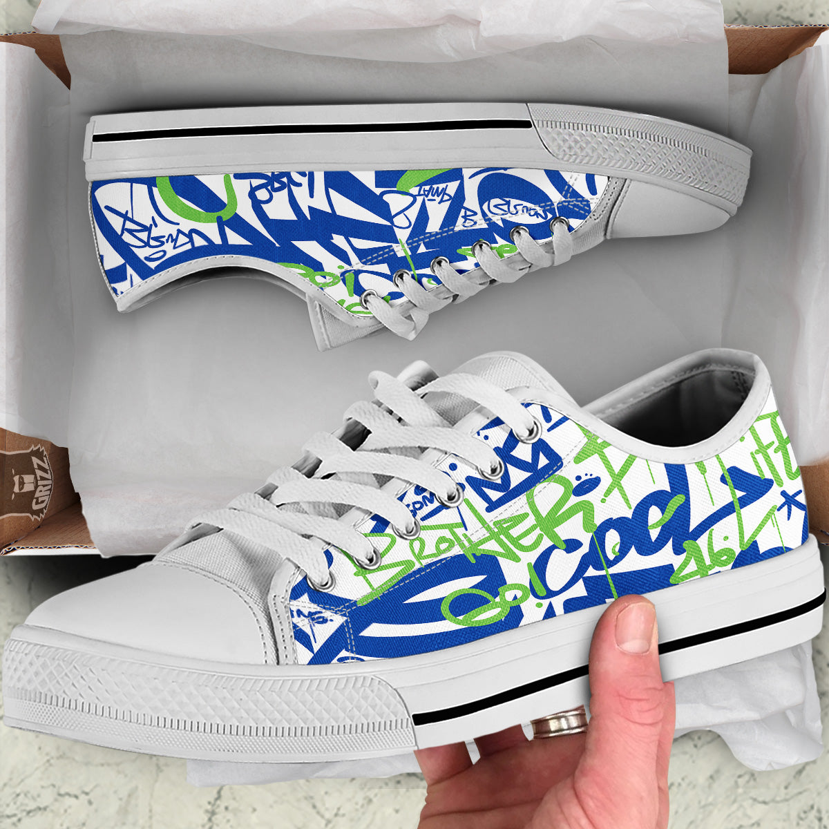 Green Blue Urban Graffiti Text Print Pattern White Low Top Shoes-grizzshop