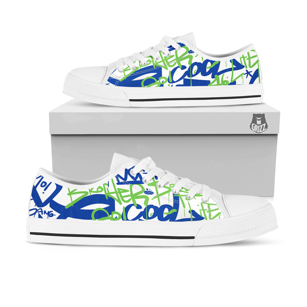 Green Blue Urban Graffiti Text Print Pattern White Low Top Shoes-grizzshop