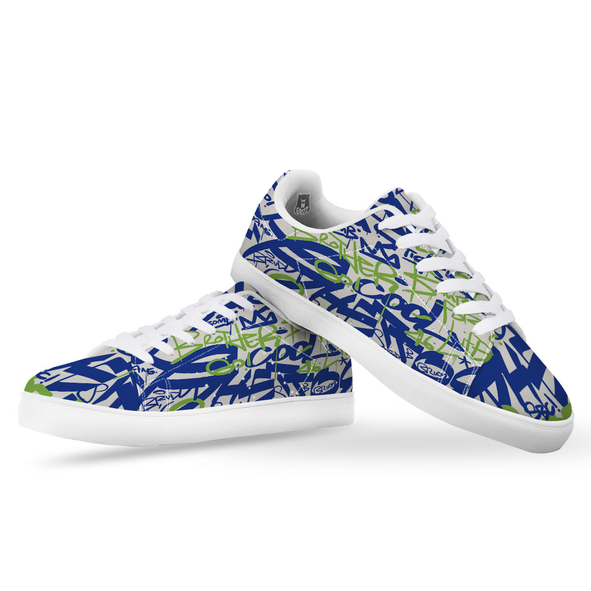 Green Blue Urban Graffiti Text Print Pattern White Low Top Sneakers-grizzshop
